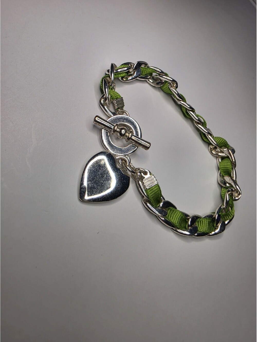Silver Tone And Green Ribbon Heart Charm Toggle Bracelet 9 Inch